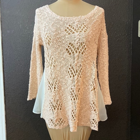 Anthropologie Sweaters - Anthropologie pink‎ and cream open knit chiffon flare long sleeve sweater top